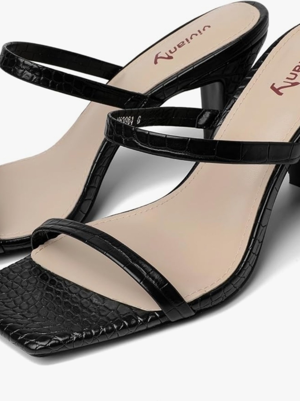 Vivianly Black Croc-Embossed Double-Strap Mid Heel Sandals